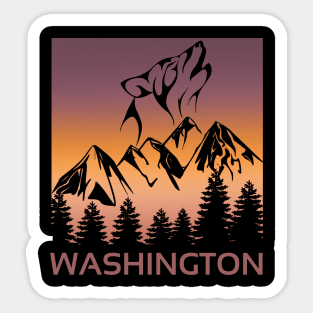 Washington Sunset Wolf Howling at The Moon Trees and Mountains T-Shirt Sticker